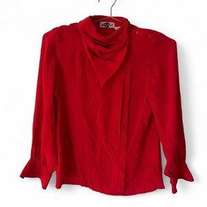 Vintage 70s Oleg Cassini Red Silk High-Neck Blouse — Detachable Scarf Western
